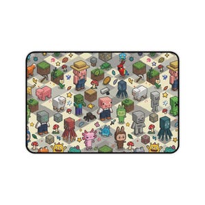May include: Rectangular mousepad featuring a colorful, pixelated design with various Minecraft characters and elements. The design includes characters like pigs, zombies, and other creatures, set against a checkered background with stars and leaves.