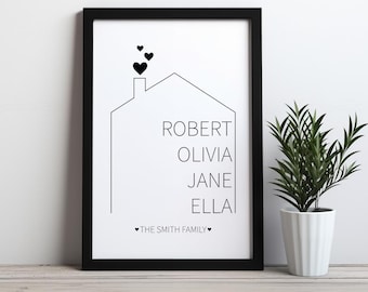 Nome da família personalizado para impressão, arte de parede em forma de casa personalizada, presente de inauguração de casa personalizado com nomes, presentes para a mãe