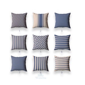 Indigo Blue and Beige  Patterned Throw Pillow Covers 18x18 in- Stripes, Checkered - Pastel Blue  Elegant Contemporary Classic Home Decor