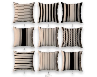 Black and Beige Stripe Throw Pillow Cover 18x18 : Elegant Contemporary Neutral Home Decor