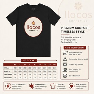 May include: A black short-sleeve t-shirt featuring a circular logo with the text Ilocos Supply Co and a sun icon. The image includes a size chart with measurements in inches, care instructions, and icons for soft, durable, and classic fit.