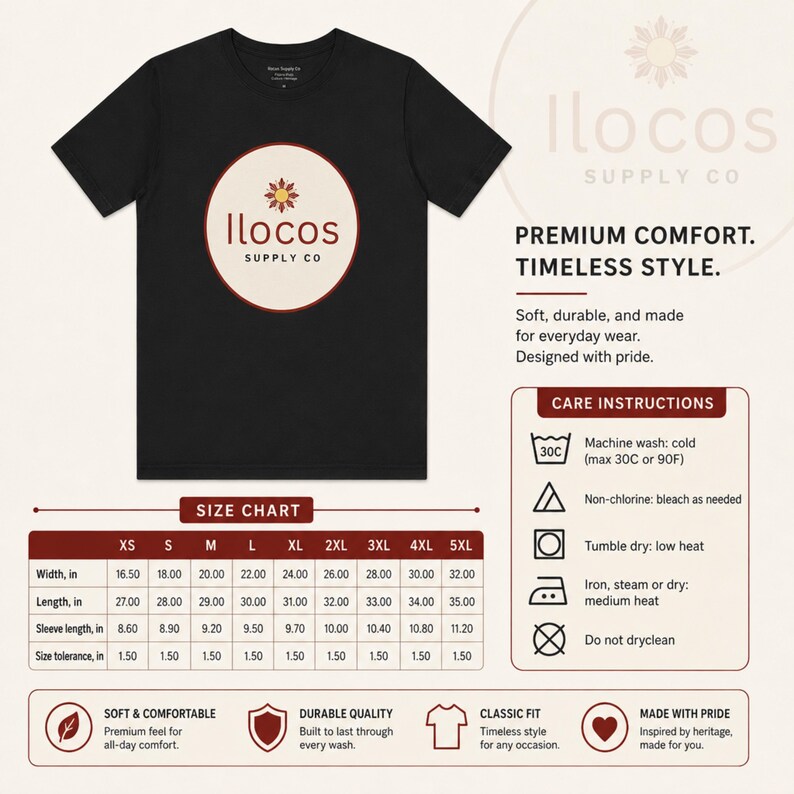 May include: A black short-sleeve t-shirt featuring a circular logo with the text Ilocos Supply Co and a sun icon. The image includes a size chart with measurements in inches, care instructions, and icons for soft, durable, and classic fit.