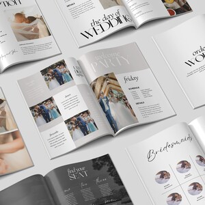 May include: A wedding program booklet with a gray and white color scheme. The booklet includes sections for the reception, welcome party, order of worship, bridesmaids, and vendors. The booklet features photos of the wedding couple and wedding party.