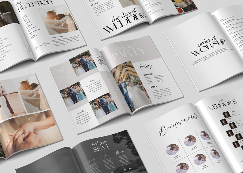 May include: A wedding program booklet with a gray and white color scheme. The booklet includes sections for the reception, welcome party, order of worship, bridesmaids, and vendors. The booklet features photos of the wedding couple and wedding party.