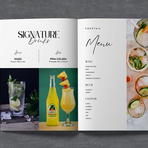 May include: A cocktail menu listing drinks including wine, beer and liquor. The menu is open to a page with photos of signature drinks, including a Hugo and a Pina Colada.
