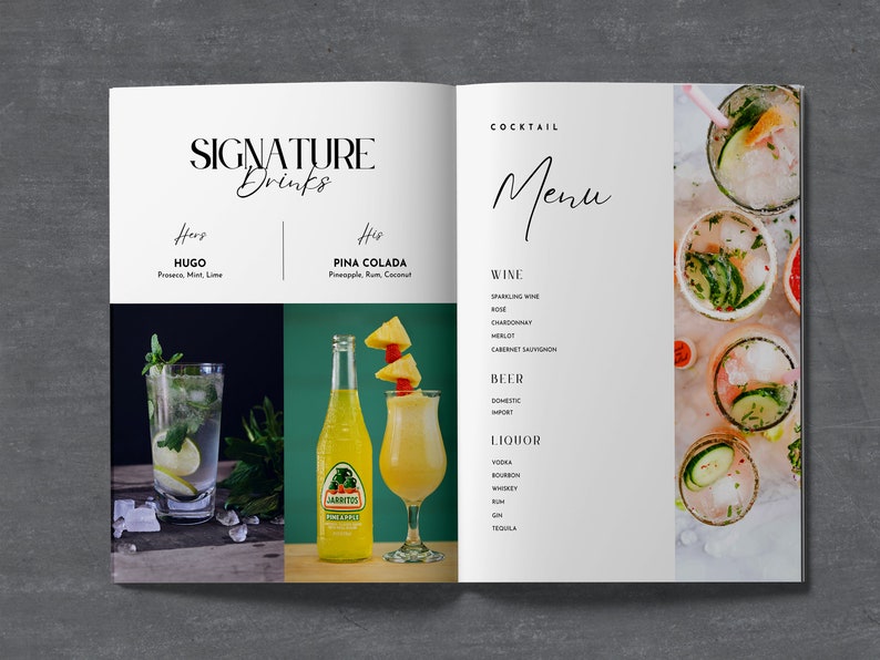 May include: A cocktail menu listing drinks including wine, beer and liquor. The menu is open to a page with photos of signature drinks, including a Hugo and a Pina Colada.