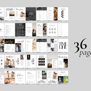 May include: A wedding planning template with 36 pages. The pages are designed with a minimalist aesthetic and feature black and white text and images. The pages include sections for the order of worship, ceremony, menu, timeline, and more.