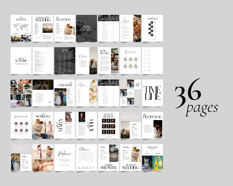 May include: A wedding planning template with 36 pages. The pages are designed with a minimalist aesthetic and feature black and white text and images. The pages include sections for the order of worship, ceremony, menu, timeline, and more.