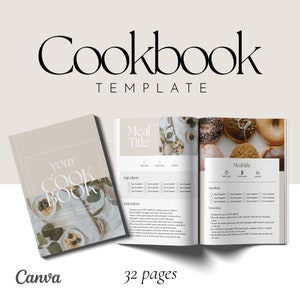 Op de afbeelding: Een kookboek sjabloon met een beige omslag met de tekst "your COOK BOOK" en een foto van een kom met ontbijtgranen met blauwe bessen en eucalyptusbladeren. De binnenpagina's bevatten een recepten sjabloon met secties voor de titel van de maaltijd, de ingrediënten, de instructies, de voorbereidingstijd, de kooktijd en de porties.