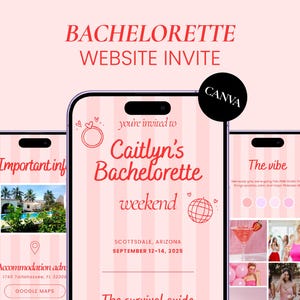 Puede incluir: Invitación digital rosa y blanca para un fin de semana de despedida de soltera. El diseño incluye el texto "Bachelorette Website Invite" y detalles del fin de semana de Caitlyn en Scottsdale, Arizona, del 12 al 14 de septiembre de 2025. Creado con Canva.
