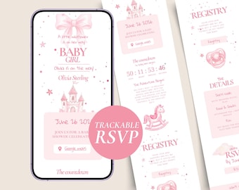 Pink Baby Shower Invitation for Girl, Invite Website Template for Canva with Countdown