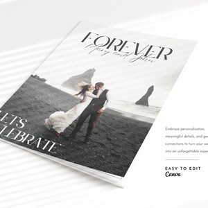 May include: A wedding invitation template featuring a black and white photograph of a couple on a beach. The text "FOREVER Mary and John" is at the top of the template. The text "LETS CELEBRATE" is at the bottom of the template. The text "Embrace personalisation, meaningful details, and genuine connections to turn your wedding into an unforgettable experience." is on the right side of the template. The text "EASY TO EDIT Canva" is at the bottom right of the template.
