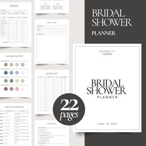 Könnte beinhalten: Ein weißer Brautparty-Planer mit 22 Seiten, mit Abschnitten für Budget, Farbpalette, Gästeliste und Zeitplan. Auf dem Cover steht "Bridal Shower Planner" und "Belongs to Caitlin". Das Datum "18. Juni 2026" ist ebenfalls sichtbar.