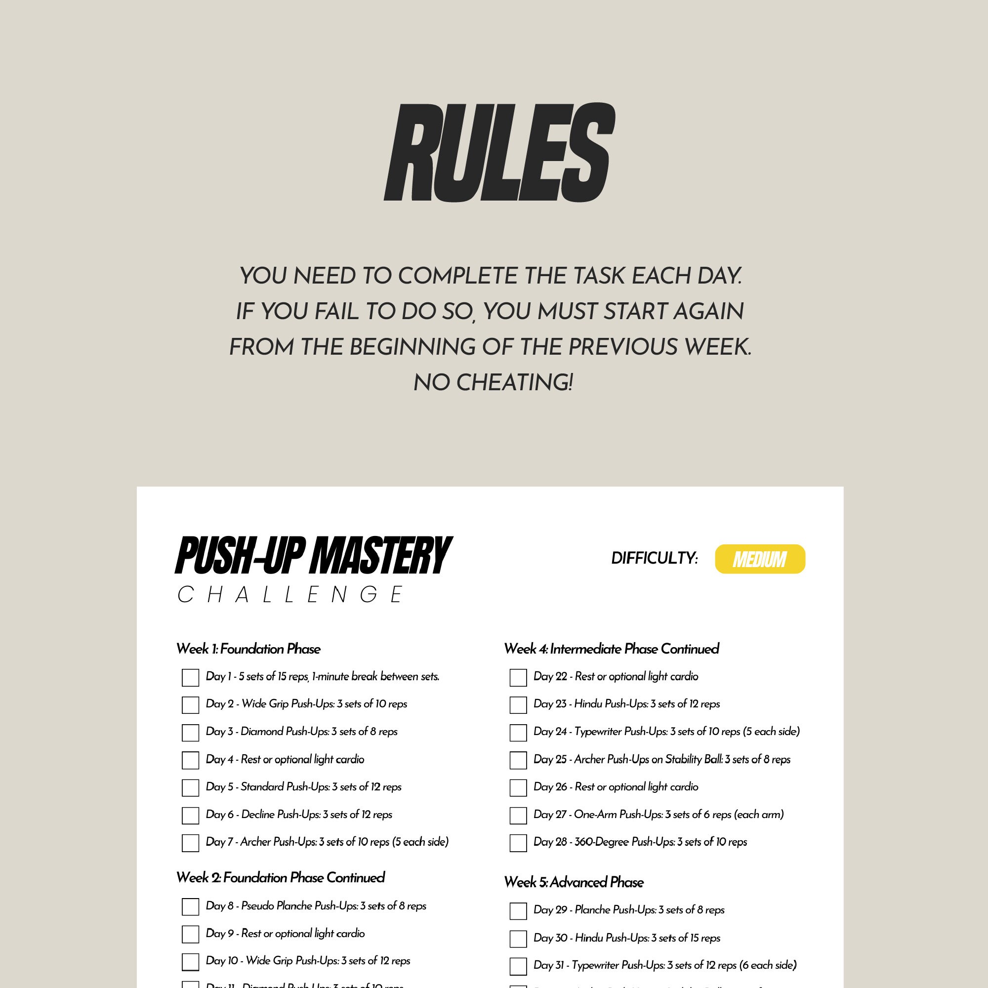 Pushup Fitness Challenge Checklist, Workout Planner and Tracker, Lose ...