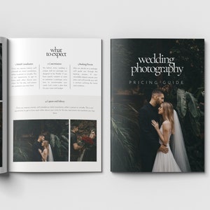 May include: A wedding photography pricing guide with a couple in a lush green setting. The guide includes information about what to expect from a wedding photographer, including communication, capturing and delivery.