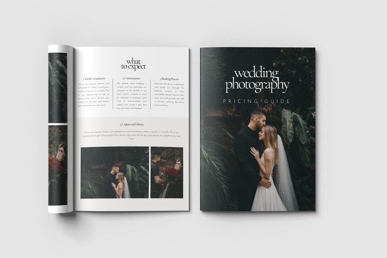 May include: A wedding photography pricing guide with a couple in a lush green setting. The guide includes information about what to expect from a wedding photographer, including communication, capturing and delivery.