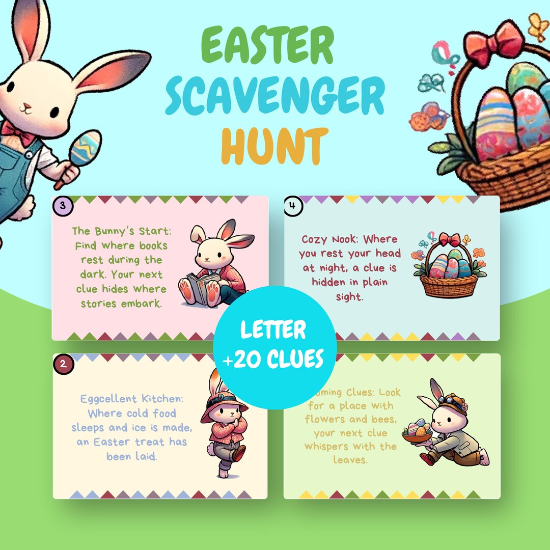 Easter Scavenger Hunt Game for Kids Exciting Rabbit Clue Cards Template ...