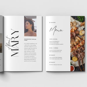 May include: A magazine spread with a white background and black text. The left page features a photo of a desert landscape and the text "About Mary". The right page features a photo of a woman and the text "Dinner Menu" with a list of appetizers, main course, and desserts.