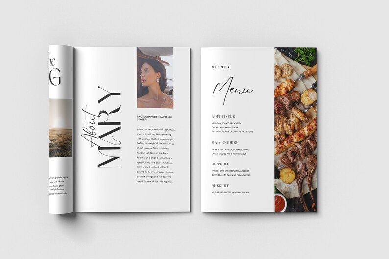 May include: A magazine spread with a white background and black text. The left page features a photo of a desert landscape and the text "About Mary". The right page features a photo of a woman and the text "Dinner Menu" with a list of appetizers, main course, and desserts.