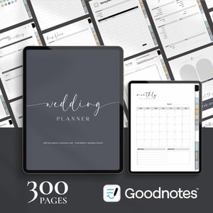 May include: A digital wedding planner on a tablet screen with the text "wedding planner" and "300 pages". The planner is designed for use with the Goodnotes app.