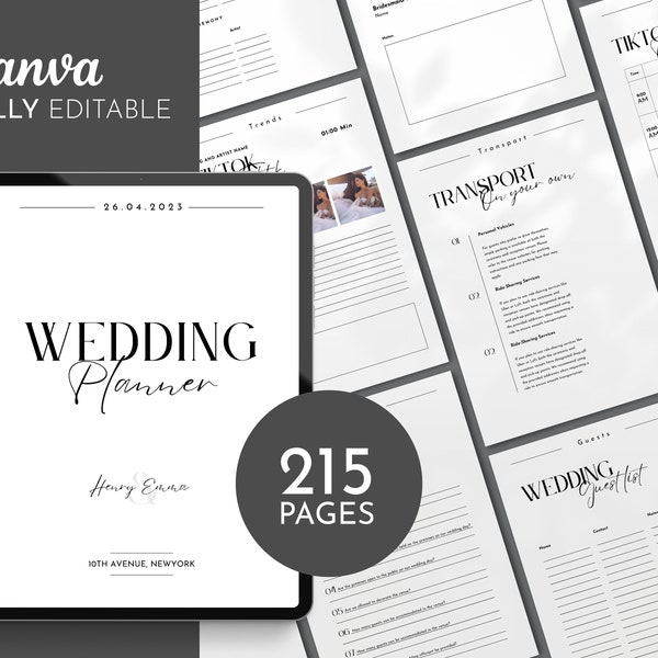 215 Pages Wedding Digital Planner Template, Printable Wedding Planner PDF, Printable Wedding Planner, Wedding Checklists, Wedding Binder