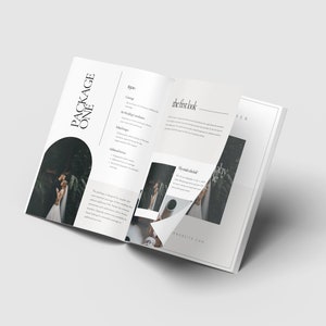 May include: Open brochure with a white background and black text. The brochure is titled "Package One" and features a photo of a couple in a forest. The text on the right side of the brochure includes the words "the first look" and "remarkable".