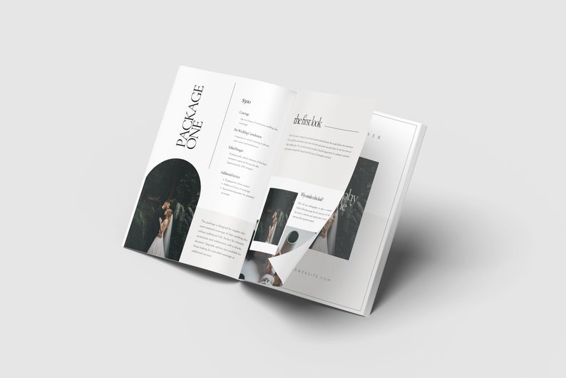 May include: Open brochure with a white background and black text. The brochure is titled "Package One" and features a photo of a couple in a forest. The text on the right side of the brochure includes the words "the first look" and "remarkable".