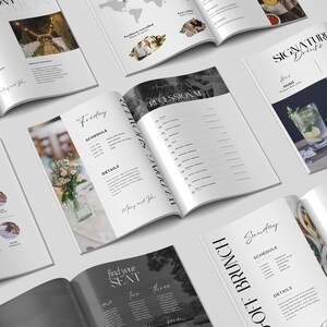 May include: A wedding planner booklet with black and white text and images. The booklet includes sections for the ceremony, reception, and brunch. The pages feature a schedule, details, and a seating chart.