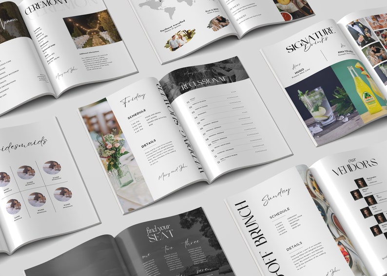 May include: A wedding planner booklet with black and white text and images. The booklet includes sections for the ceremony, reception, and brunch. The pages feature a schedule, details, and a seating chart.