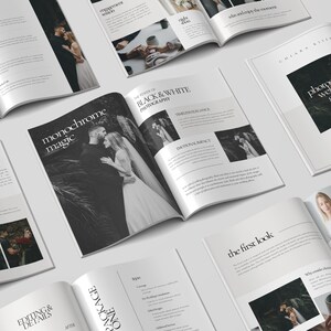 May include: A wedding photography guide with a black and white photo of a couple on the cover. The guide includes information on monochrome magic, the timeline, the first look, and editing and details.