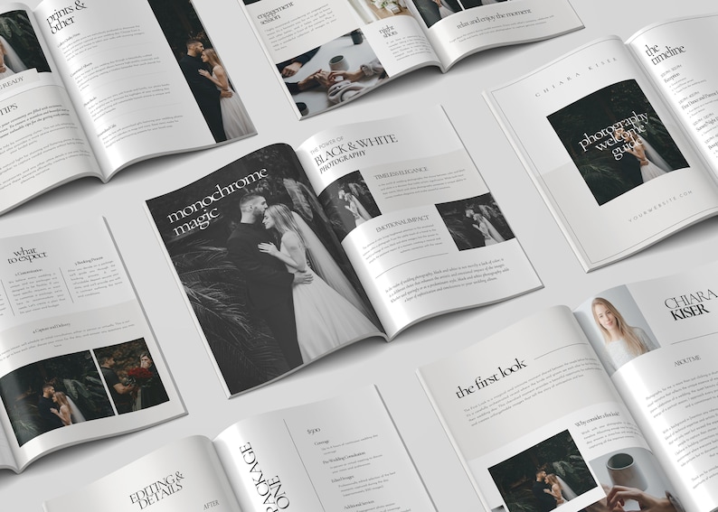 May include: A wedding photography guide with a black and white photo of a couple on the cover. The guide includes information on monochrome magic, the timeline, the first look, and editing and details.