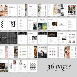 May include: A wedding planning guide with 36 pages, featuring a black and white colour scheme. The guide includes sections for the welcome party, wedding timeline, seating chart, ceremony, reception, and more.