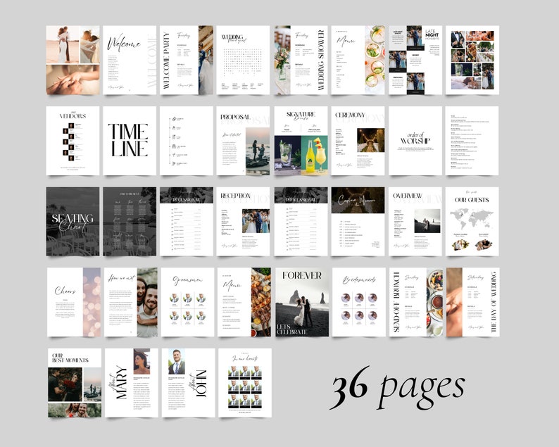 May include: A wedding planning guide with 36 pages, featuring a black and white colour scheme. The guide includes sections for the welcome party, wedding timeline, seating chart, ceremony, reception, and more.
