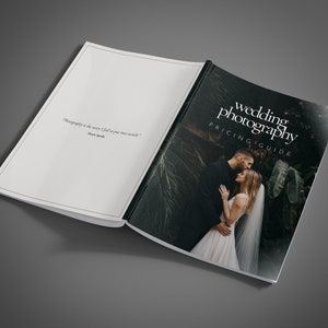 May include: A wedding photography pricing guide with a couple embracing in a lush green garden setting. The text on the cover reads "wedding photography pricing guide".