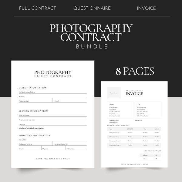 Photography Client Contract Template, Printable Forms, Photography Agreement + Questionnaire, Printable Canva Template, Invoice