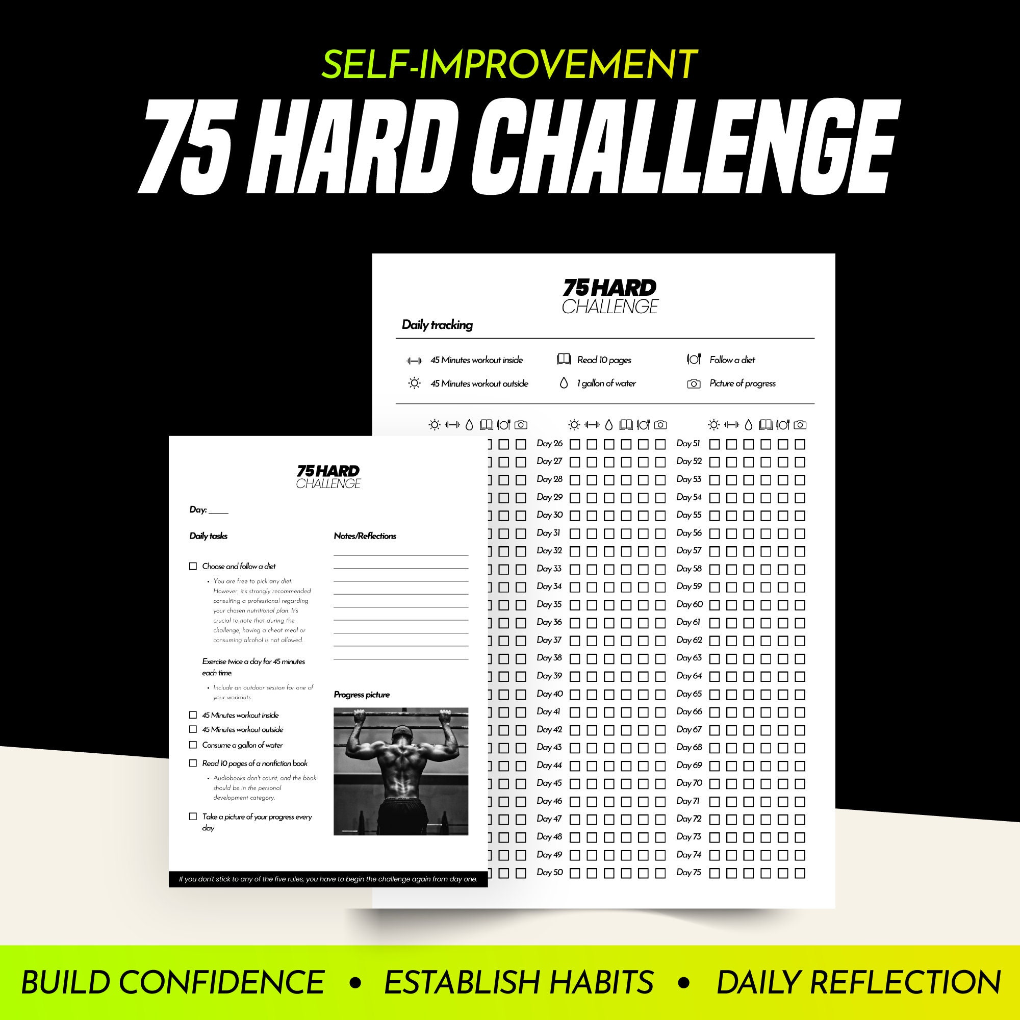 75 Hard Challenge Tracker, Printable Fitness Planner, Workout Progress ...