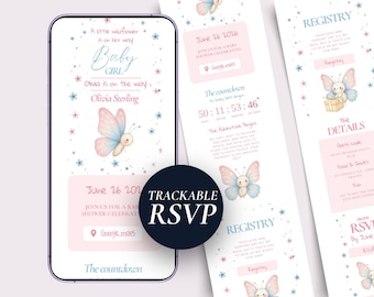 Butterfly Baby Shower Invitation Website Template - Girl Digital Invite with Trackable RSVP for Canva