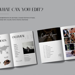 May include: A wedding planning guide with a white background and black text. The guide includes a map of the world, a photo of a couple, and a list of wedding events. The text on the cover reads "Our Guests" and "Capture the Memories".