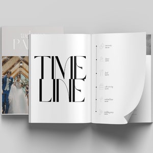 May include: A wedding timeline with a black and white graphic design. The timeline includes the ceremony, dance, food, cake serving, cocktail hour, and wedding party.