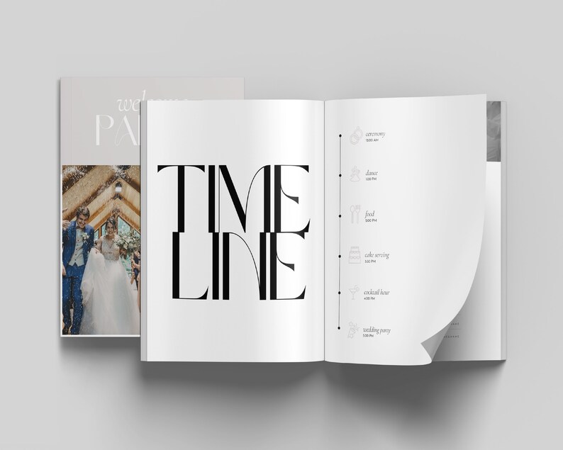 May include: A wedding timeline with a black and white graphic design. The timeline includes the ceremony, dance, food, cake serving, cocktail hour, and wedding party.