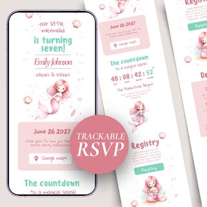 May include: A digital invitation for a mermaid-themed birthday party. The design features a pink and teal color scheme with illustrations of mermaids and seashells. The invitation includes the text "Our little mermaid is turning seven!" and RSVP information.
