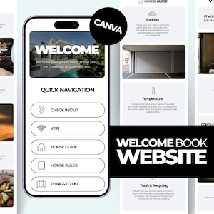 May include: A smartphone screen displays a welcome message and navigation options for a website. The screen shows sections for check-in/out, WiFi, house guide, rules, and things to do. The Canva logo is visible.