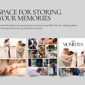 May include: A collage of wedding photos with the text "our moments" in a black and white font. The photos are arranged in a grid pattern and show the bride and groom in various poses.