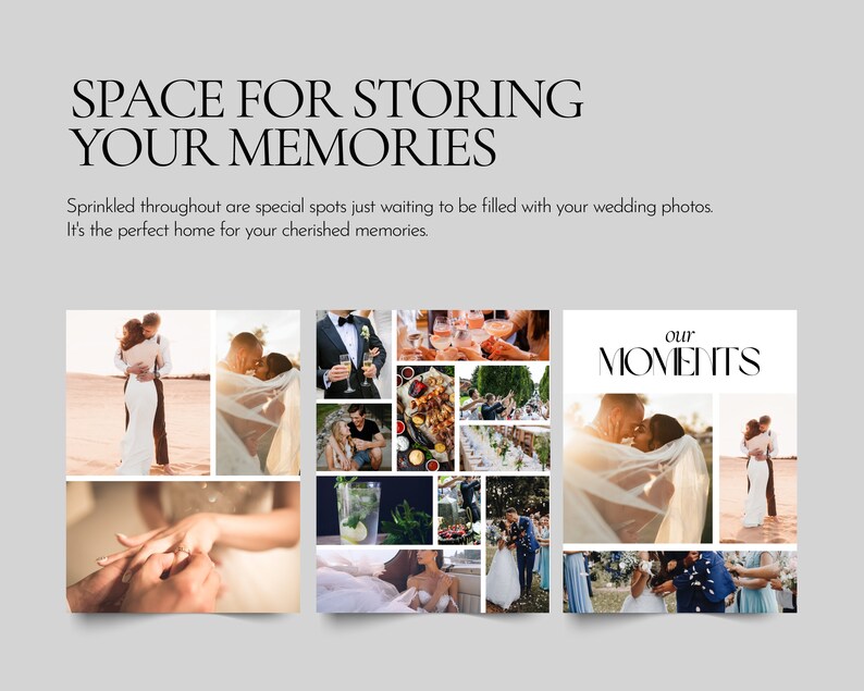 May include: A collage of wedding photos with the text "our moments" in a black and white font. The photos are arranged in a grid pattern and show the bride and groom in various poses.
