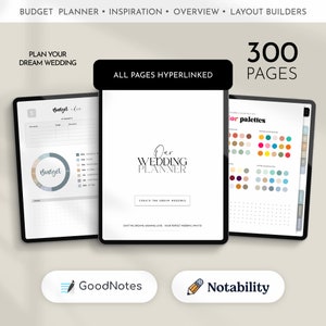 Può includere: Un planner di nozze digitale con 300 pagine, con un tracker di budget, palette di colori e il testo "Il nostro planner di nozze, Crea il matrimonio dei tuoi sogni".