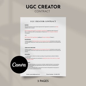 UGC Creator Contract Template, UGC Contract User Generated Content Template, Canva Template, Contract Template, UGC Agreement Template