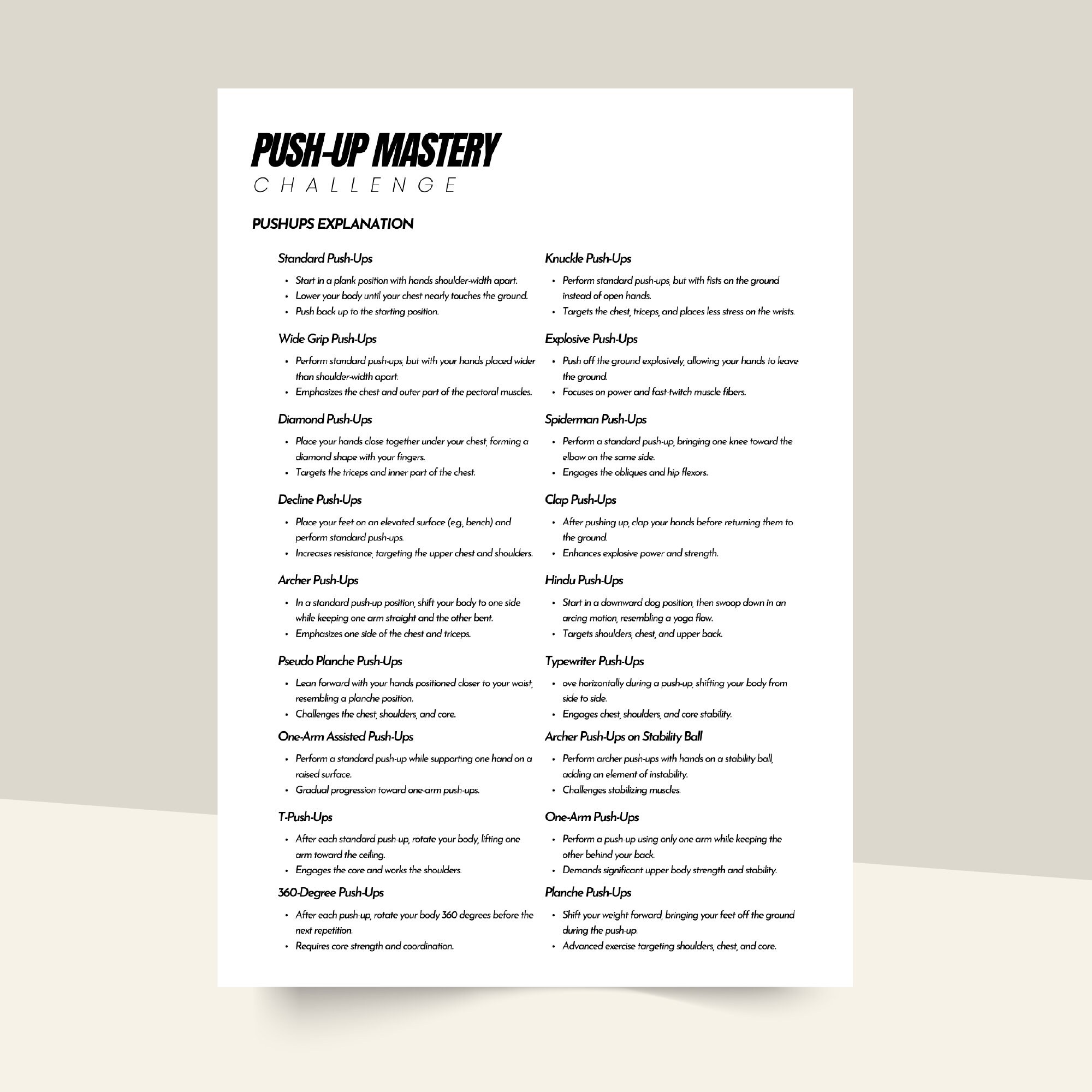 Pushup Fitness Challenge Checklist, Workout Planner and Tracker, Lose ...
