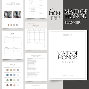 May include: Maid of Honor Planner with over 60 pages, featuring a monthly planner, DIY decor checklist, color palette, speech prep, and appointment pages. The planner is designed for a wedding and has a white background with black text. The cover says "Maid of Honor Planner" and "Belongs to Caitlin".