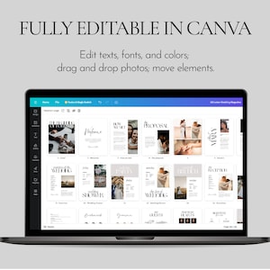 May include: A laptop computer displaying a Canva design template for a wedding magazine. The template includes images and text, such as "The Proposal", "The Day of Wedding", and "Guests". The text "FULLY EDITABLE IN CANVA" is displayed at the top of the image.