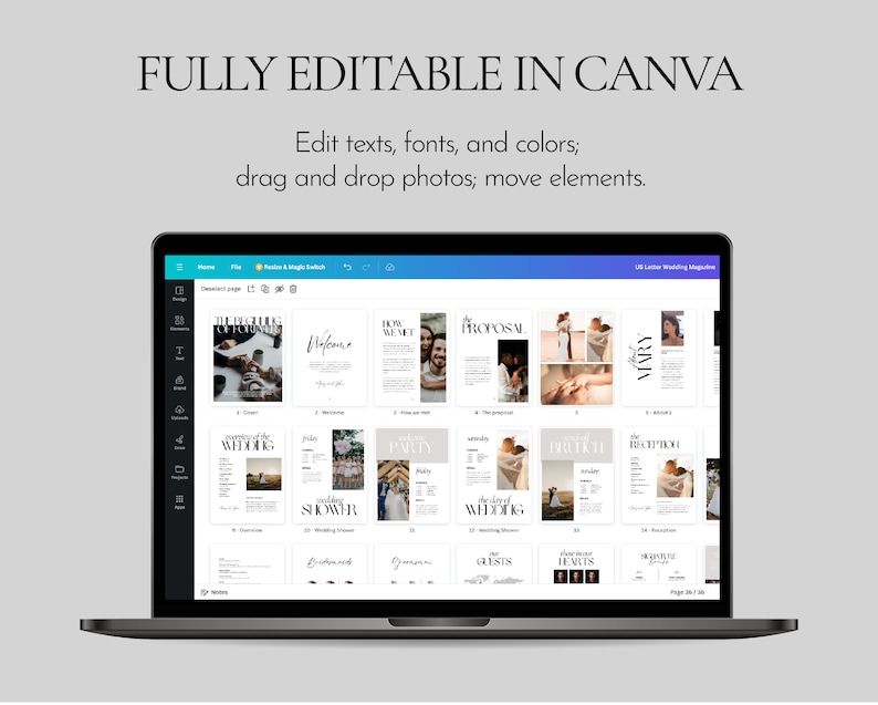 May include: A laptop computer displaying a Canva design template for a wedding magazine. The template includes images and text, such as "The Proposal", "The Day of Wedding", and "Guests". The text "FULLY EDITABLE IN CANVA" is displayed at the top of the image.